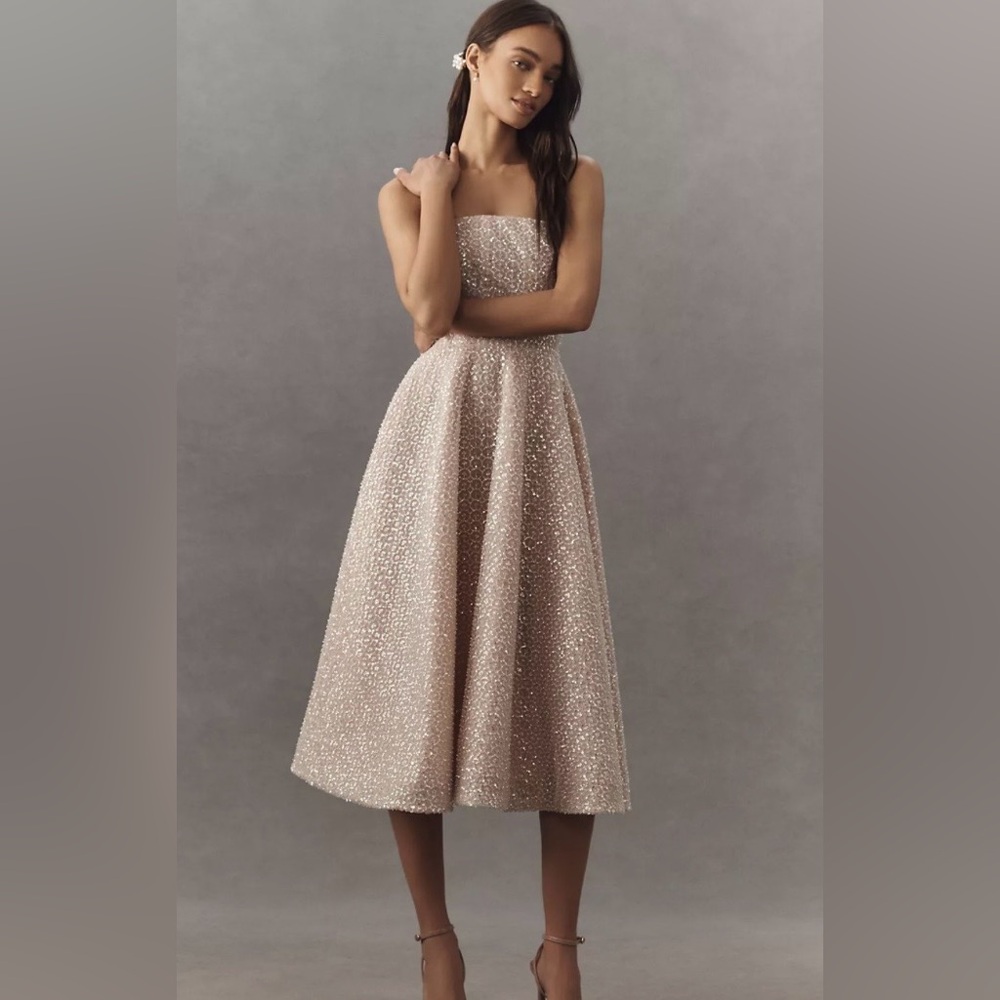 Strapless Midi Dress in Blush Sparkle